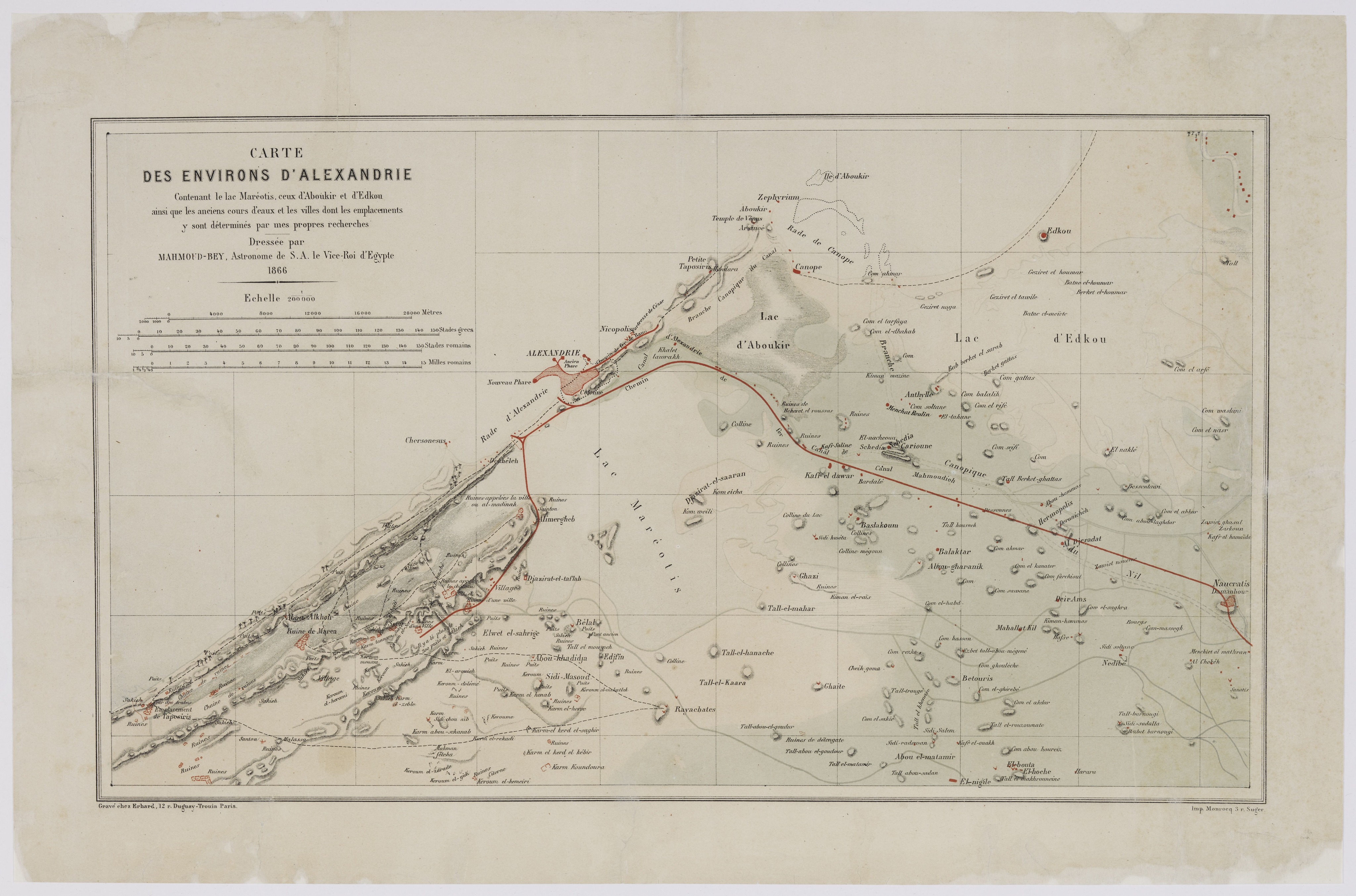 خريطة ضواحي الإسكندرية والمجاري المائية — محمود باشا الفلكي (1866)